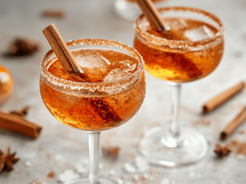 2 Gläser herbstlicher Aperol Spritz mit Eis, Zimtstange und Zimt-Zucker-Rand. Drumherum herbstliche Gewürze wie Anis und Zimtstangen.