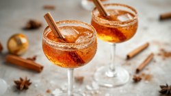 2 Gläser herbstlicher Aperol Spritz mit Eis, Zimtstange und Zimt-Zucker-Rand. Drumherum herbstliche Gewürze wie Anis und Zimtstangen.