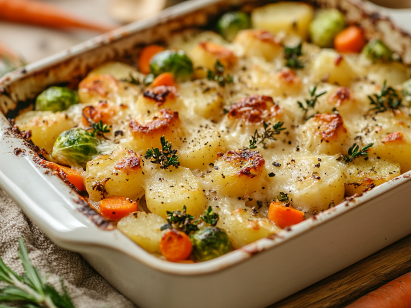 Herbstlicher GemÃ¼seauflauf mit Kartoffeln, Karotten, Rosenkohl und Pastinake in weiÃŸer Auflaufform, garniert mit KrÃ¤utern.