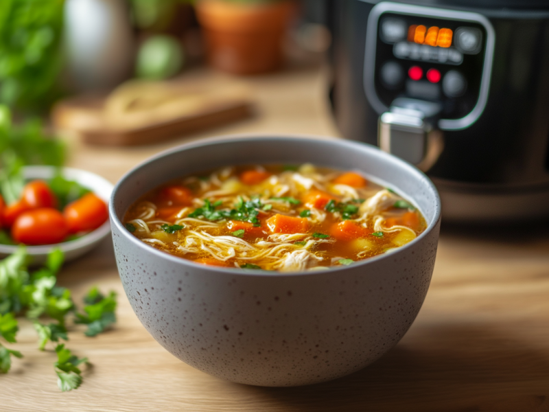 Eine Schüssel Hühnersuppe aus dem Airfryer. Dahinter steht eine Heißluftfritteuse.