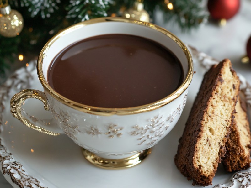 Eine goldverzierte Tasse italienische heiÃŸe Schokolade. Daneben liegen Cantuccini.