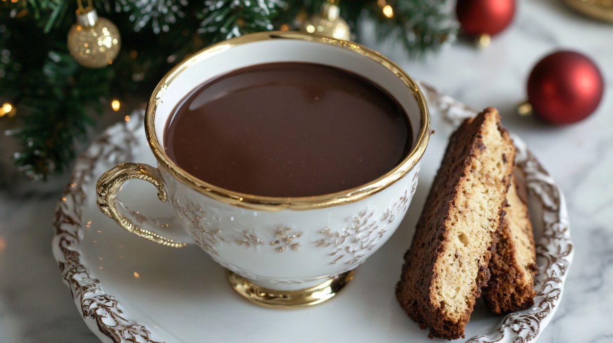 Eine goldverzierte Tasse italienische heiÃŸe Schokolade. Daneben liegen Cantuccini.