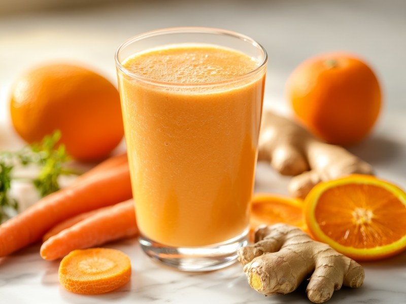 Glas mit Karotten-Ingwer-Smoothie, Orangen, Ingwer und Karotten daneben.