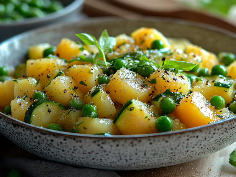 Ein tiefer Teller Kartoffel-Zucchini-Pfanne mit Erbsen, Nahaufnahme.