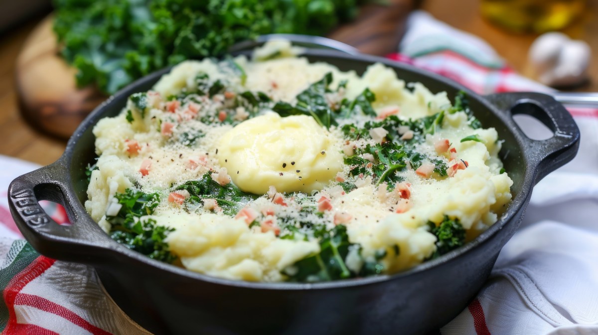 Topf mit Kartoffelstampf mit GrÃ¼nkohl und Speck