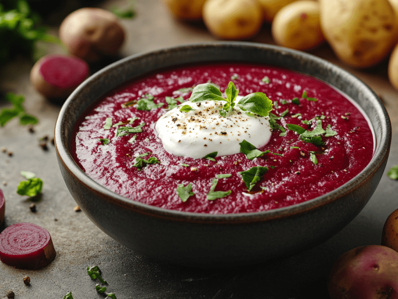 Eine SchÃ¼ssel Kartoffelsuppe mit Roter Bete, garniert mit CrÃ¨me fraÃ®che und KrÃ¤utern. Drumherum Kartoffeln und Bete.