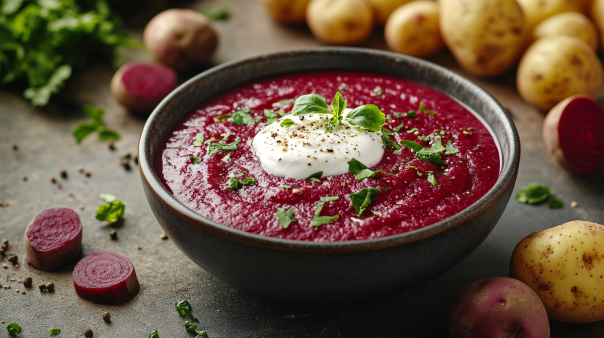 Eine SchÃ¼ssel Kartoffelsuppe mit Roter Bete, garniert mit CrÃ¨me fraÃ®che und KrÃ¤utern. Drumherum Kartoffeln und Bete.