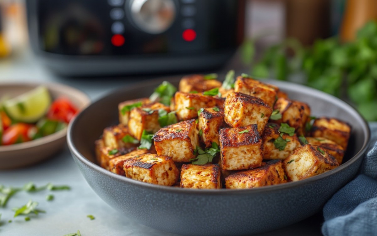 Knuspriger Tofu aus dem Airfryer in einer Schale. Die Heißluftfritteuse ist im Hintergrund zu sehen.