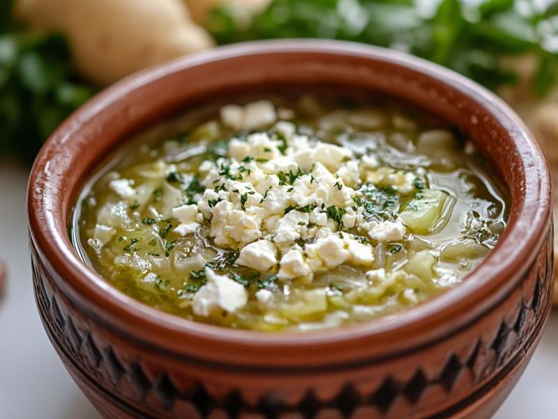 Eine SchÃ¼ssel Kohlsuppe mit Feta.