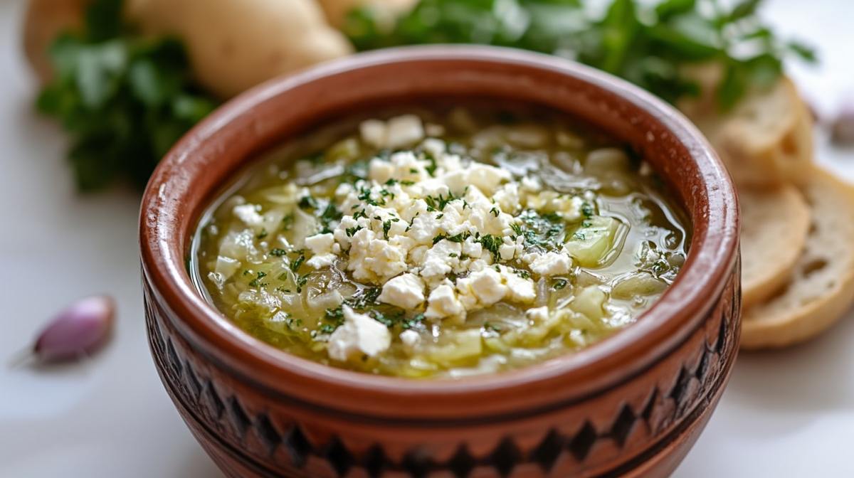 Eine SchÃ¼ssel Kohlsuppe mit Feta.