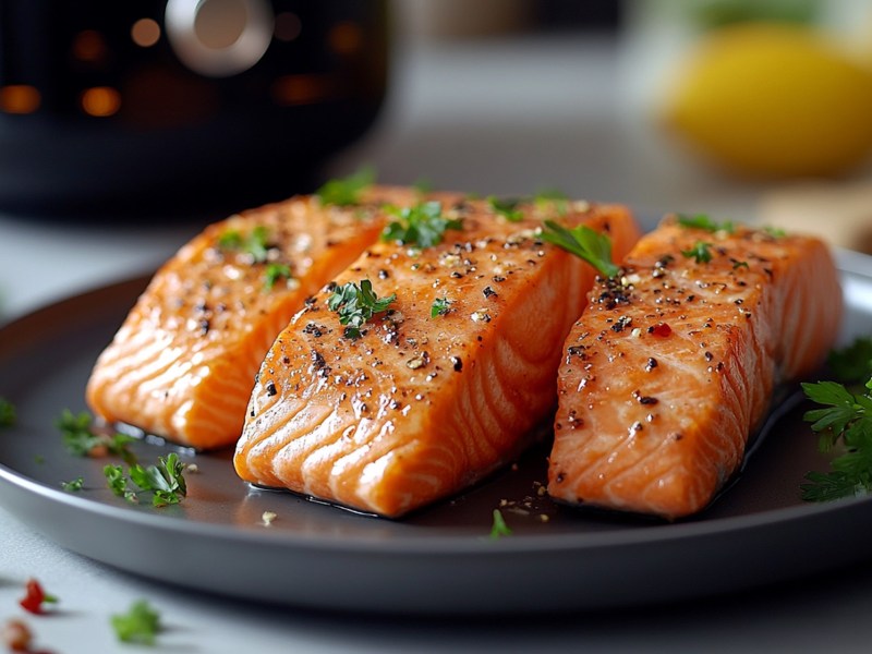 Lachs aus der HeiÃŸluftfritteuse auf einem Teller