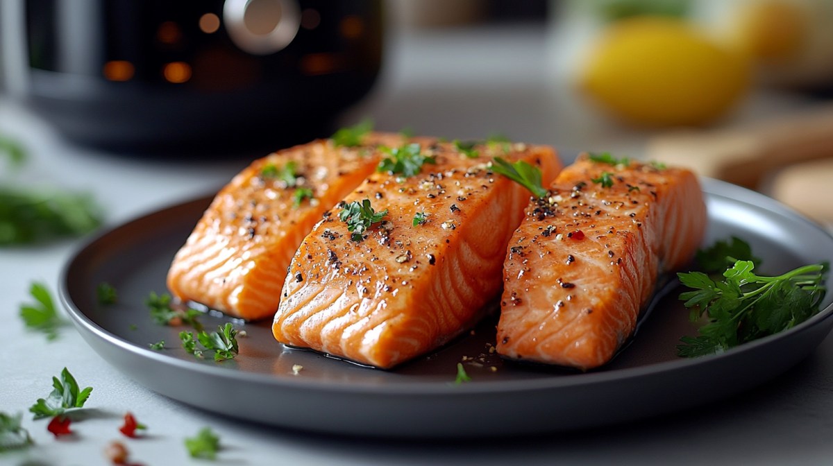 Lachs aus der HeiÃŸluftfritteuse auf einem Teller