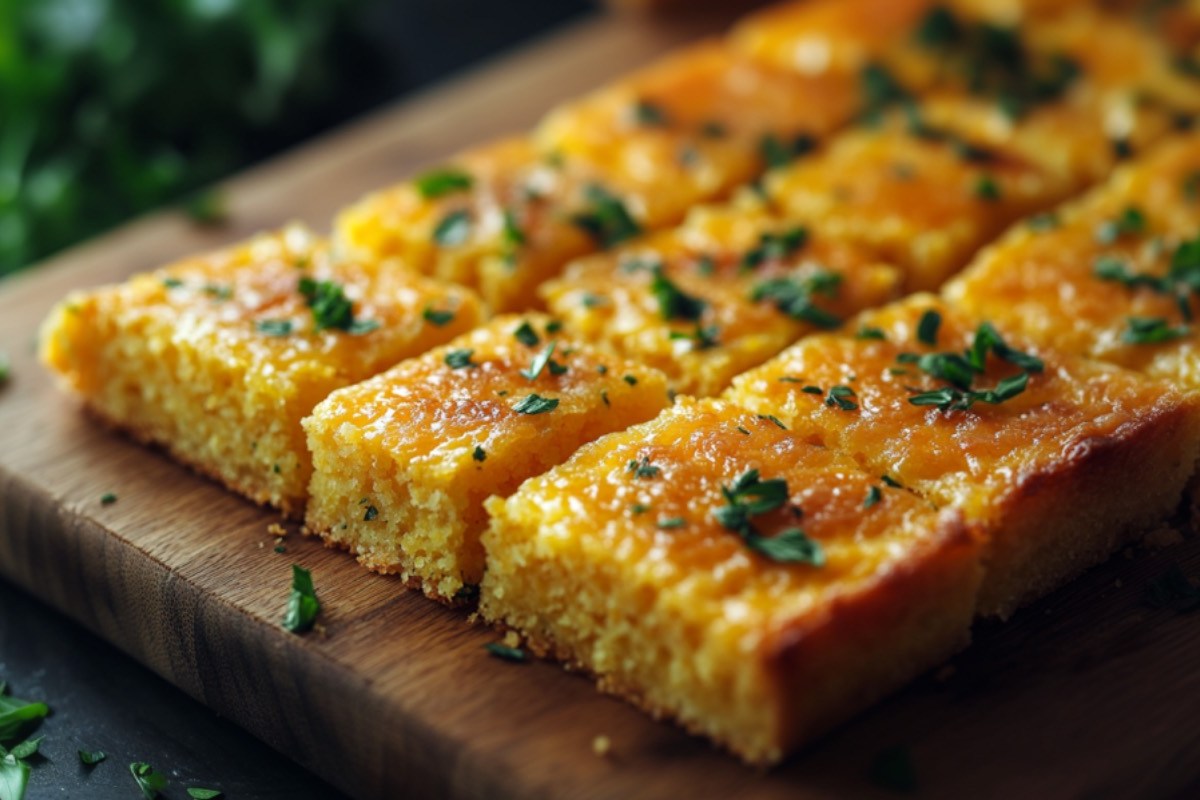 Maisbrot mit Käse auf einem Brett, in rechteckige Stücke geshcnitten,.