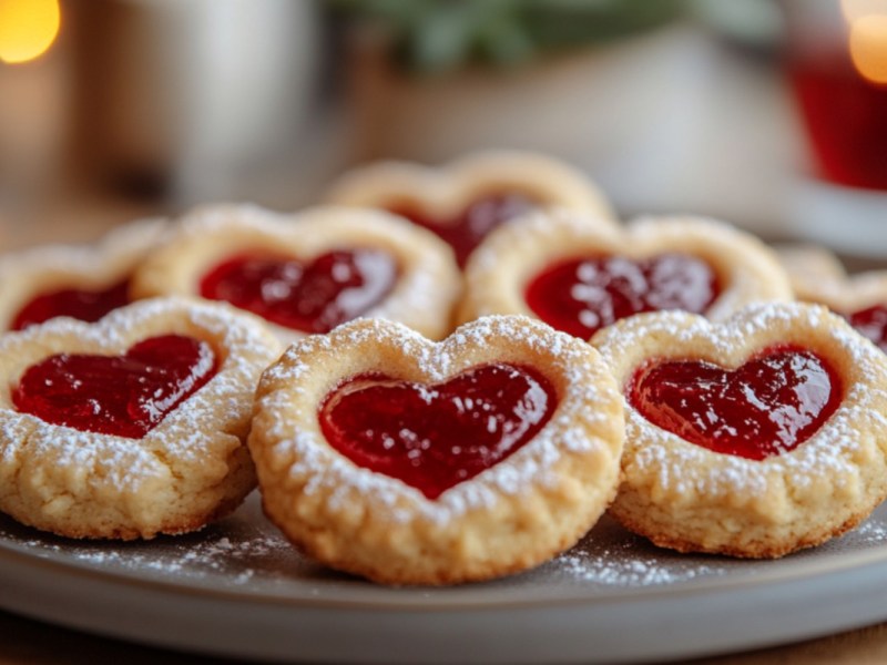 Mehrere Marzipan-Himbeer-PlÃ¤tzchen auf einem Teller.