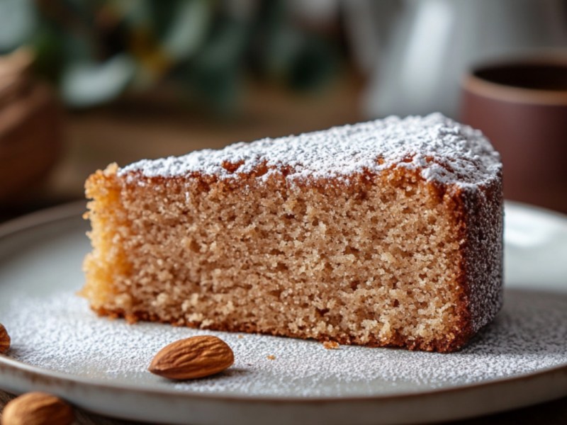 Ein StÃ¼ck Marzipan-Nusskuchen mit Puderzucker auf einem Telle.r