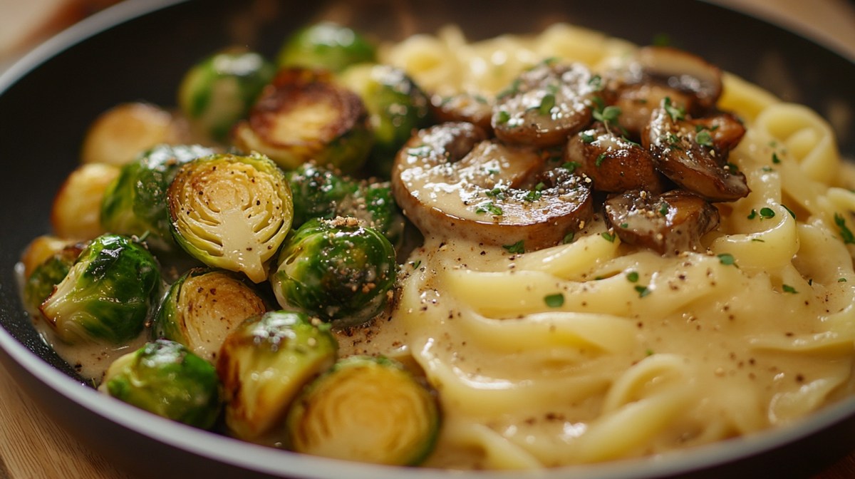 Teller mit Nudeln mit Rosenkohl-Champignon-SoÃŸe