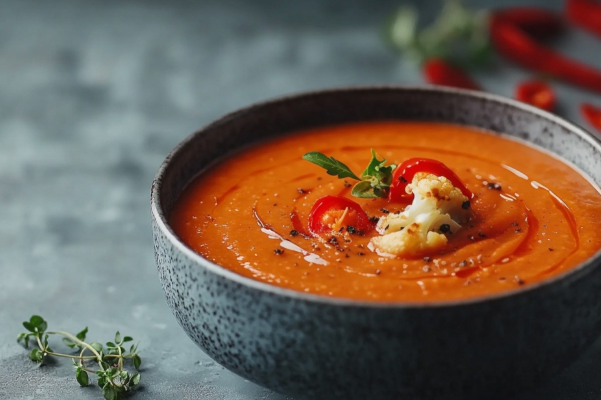 Eine Schüssel Ofenblumenkohl-Suppe mit gerösteter Paprika.