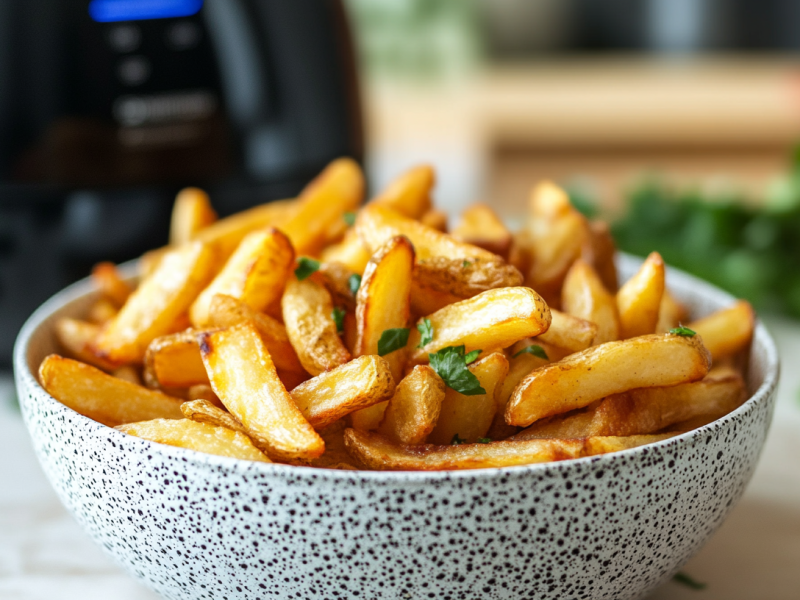 Eine SchÃ¼ssel Pommes aus der HeiÃŸluftfritteuse, dahinter unscharf das KÃ¼chengerÃ¤t.