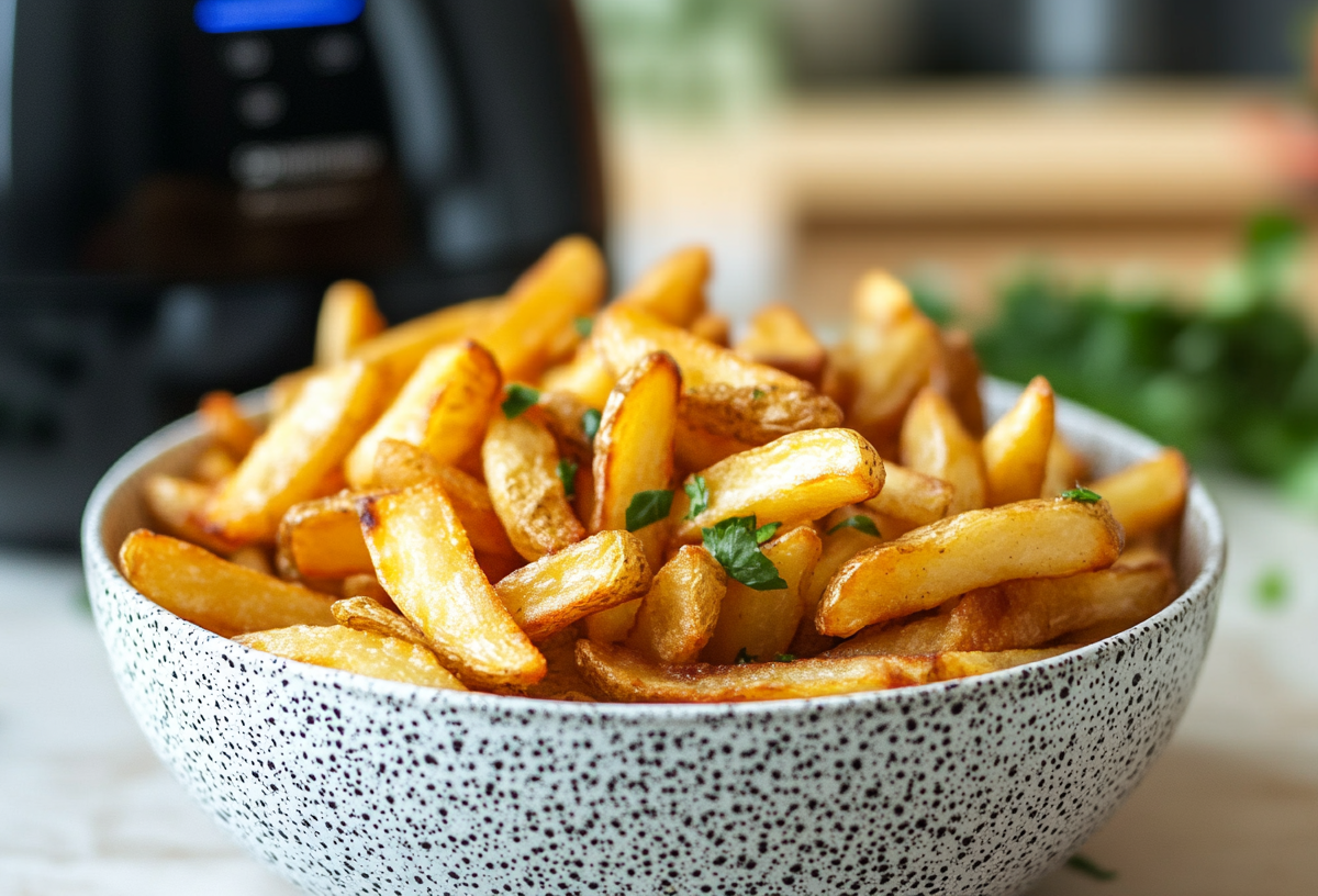 Eine Schüssel Pommes aus der Heißluftfritteuse, dahinter unscharf das Küchengerät.