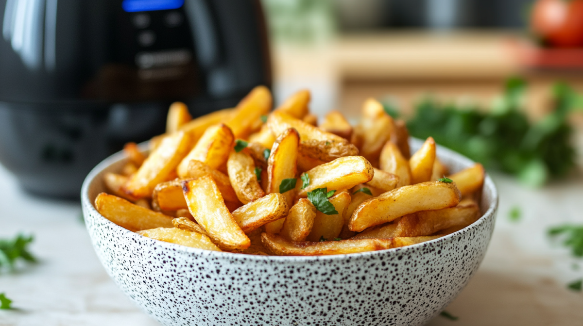 Eine SchÃ¼ssel Pommes aus der HeiÃŸluftfritteuse, dahinter unscharf das KÃ¼chengerÃ¤t.