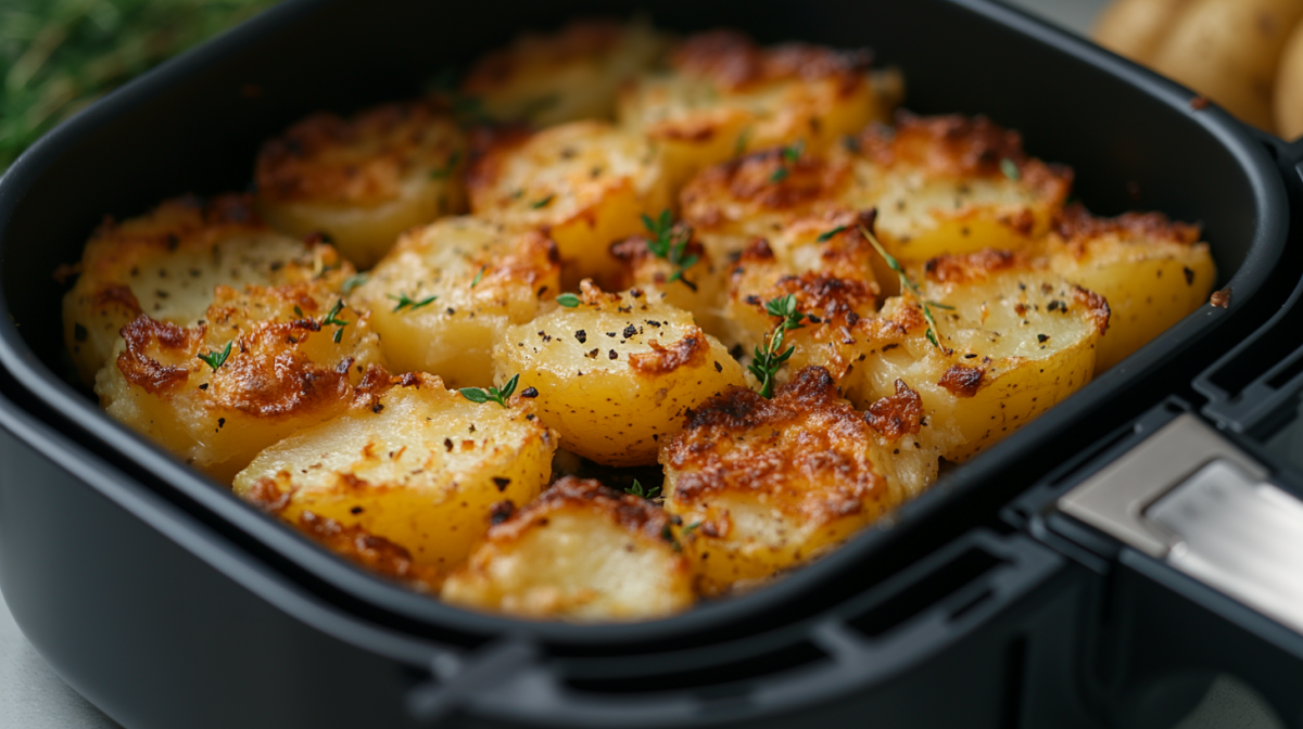 Quetschkartoffeln im Airfryer-Korb mit Parmesan und Kräutern. Nahaufnahme