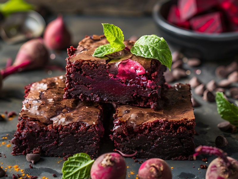 Rote Bete Brownies auf einem Tisch, Rote Bete daneben