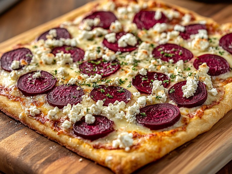 Ein Rote-Bete-Flammkuchen auf einem Holzbrett.