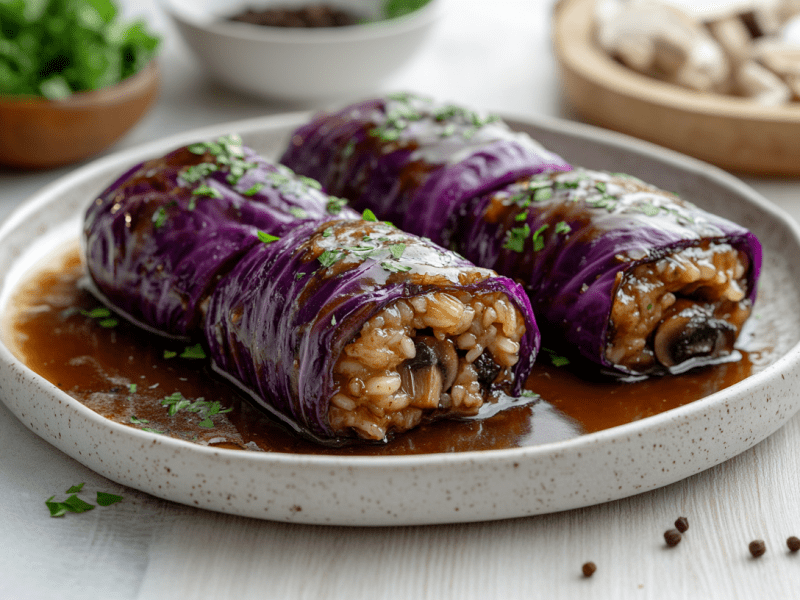 2 Rotkohl-Rouladen in brauner Soße gefüllt mit Reis und Pilzen auf einem Teller. Drumherum Zutaten.