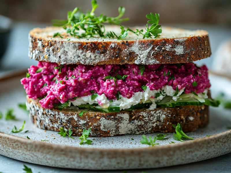 Ein Sandwich mit Rote-Bete-Hummus, Salat und FrischkÃ¤se auf einem Teller.