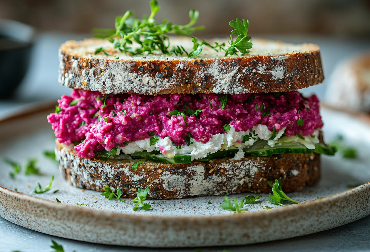 Ein Sandwich mit Rote-Bete-Hummus, Salat und Frischkäse auf einem Teller.