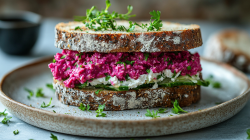 Ein Sandwich mit Rote-Bete-Hummus, Salat und Frischkäse auf einem Teller.