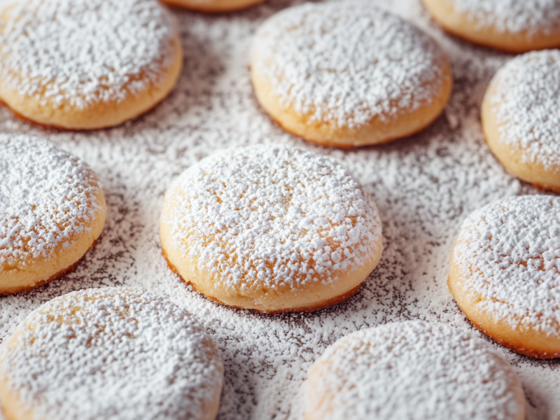 Schneeflocken-Plätzchen mit Puderzucker bestreut, Nahaufnahme.