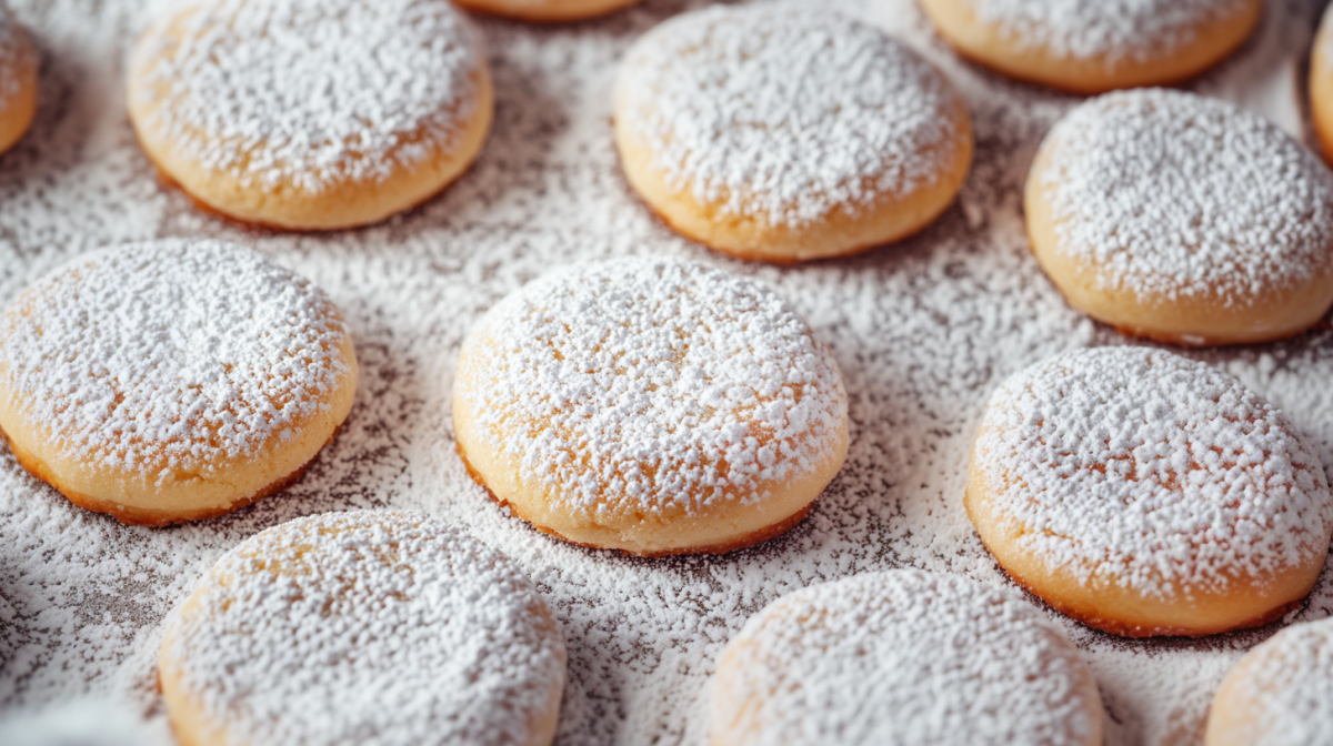 Schneeflocken-PlÃ¤tzchen mit Puderzucker bestreut, Nahaufnahme.