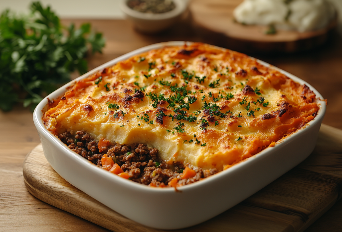 Shepherd's Pie mit Kürbispüree in einer Auflaufform, dahinter unscharf Kräuter.