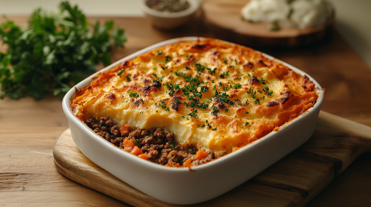 Shepherd's Pie mit KÃ¼rbispÃ¼ree in einer Auflaufform, dahinter unscharf KrÃ¤uter.