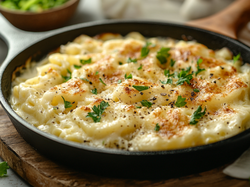 SpÃ¤tzle-Kohl-Pfanne in einer gusseisernen Pfanne auf einem Holzbrett.