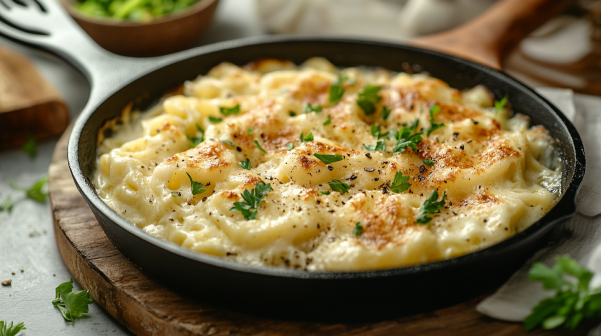 SpÃ¤tzle-Kohl-Pfanne in einer gusseisernen Pfanne auf einem Holzbrett.