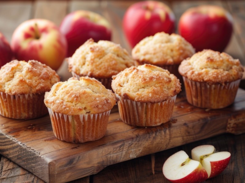 Mehrere Apfel-Nuss-Muffins auf einem Holzbrett.