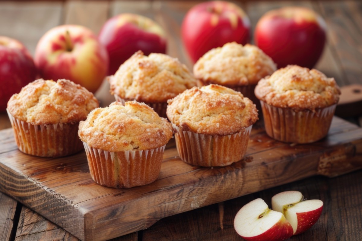 Mehrere Apfel-Nuss-Muffins auf einem Holzbrett.