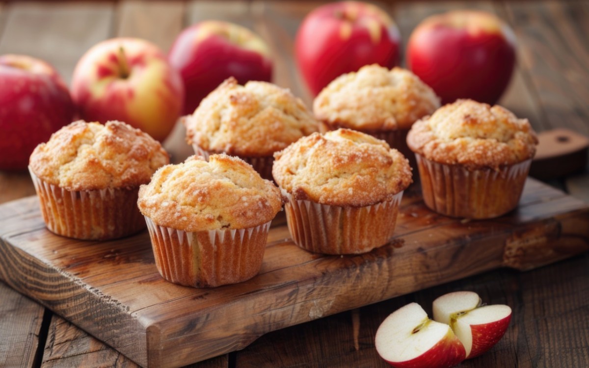 Mehrere Apfel-Nuss-Muffins auf einem Holzbrett.