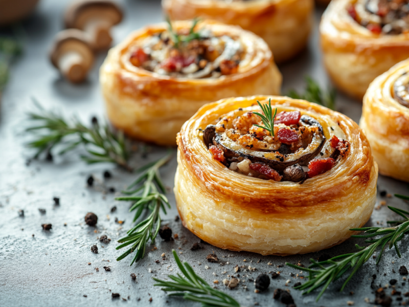 Blätterteigschnecken mit Pilzen und Schinken, umgeben von Kräutern.