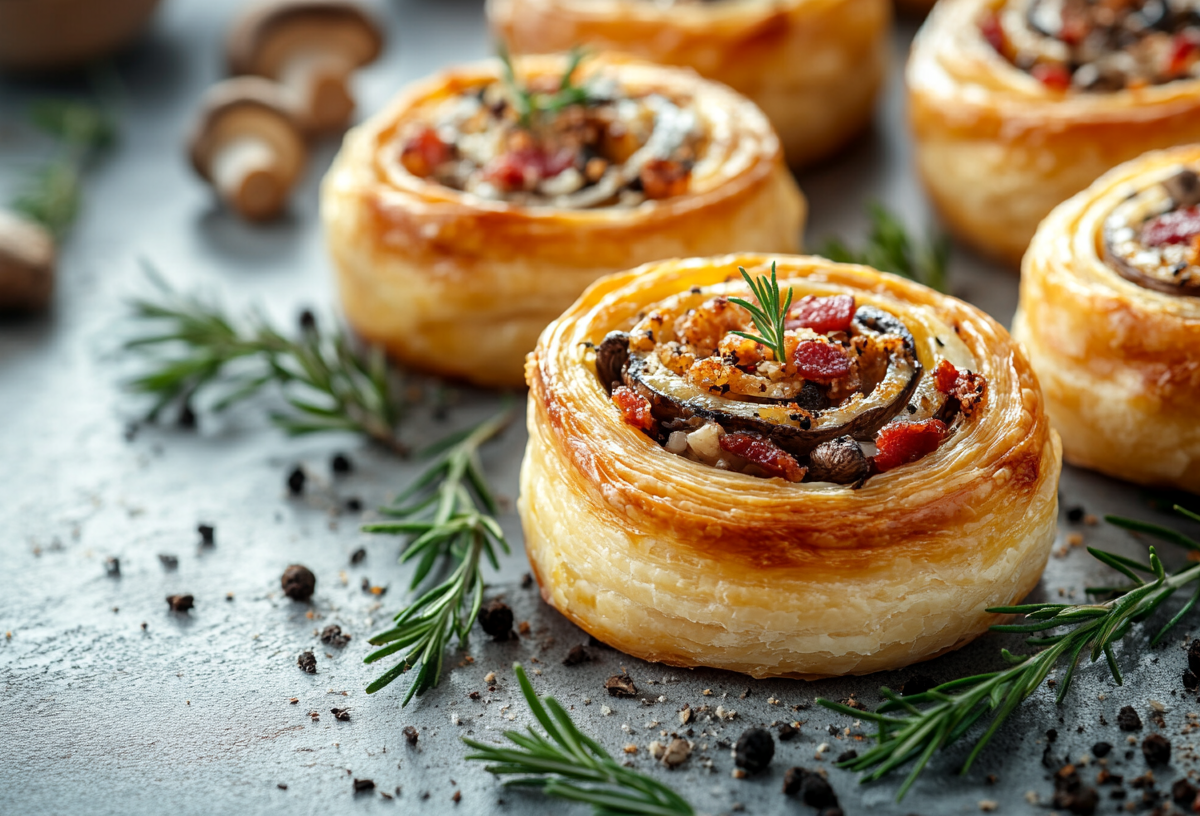 Blätterteigschnecken mit Pilzen und Schinken, umgeben von Kräutern.