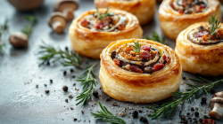 Blätterteigschnecken mit Pilzen und Schinken, umgeben von Kräutern.