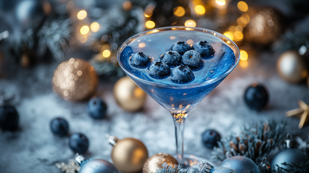 Blaubeer-Martini in einem Glas garniert mit frischen Blaubeeren. Drumherum festliche Deko.