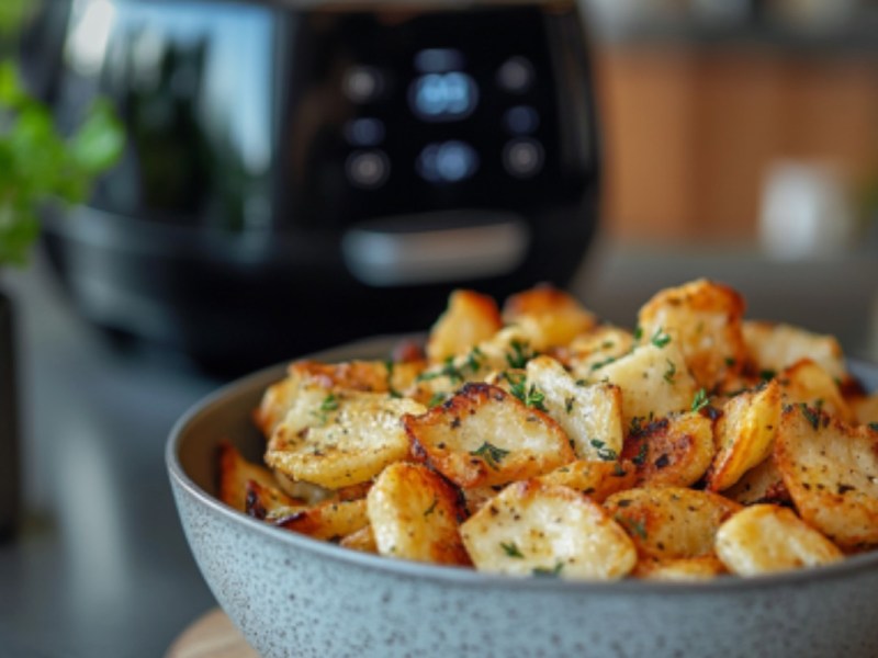 Brie-Chips aus dem Airfryer in einer Schale. Im Hintergrund ist eine Heißlutfritteuse zu sehen.