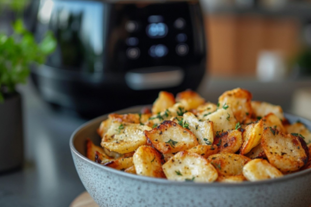 Brie-Chips aus dem Airfryer in einer Schale. Im Hintergrund ist eine Heißlutfritteuse zu sehen.