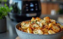 Brie-Chips aus dem Airfryer in einer Schale. Im Hintergrund ist eine Heißlutfritteuse zu sehen.