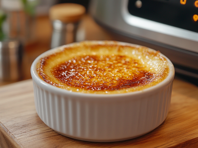 Ein SchÃ¤lchen CrÃ¨me brÃ»lÃ©e aus der HeiÃŸluftfritteuse vor einem Airfryer.