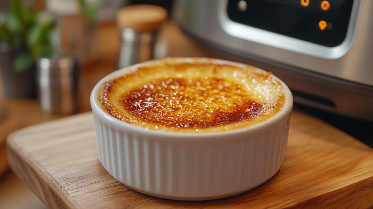 Ein SchÃ¤lchen CrÃ¨me brÃ»lÃ©e aus der HeiÃŸluftfritteuse vor einem Airfryer.