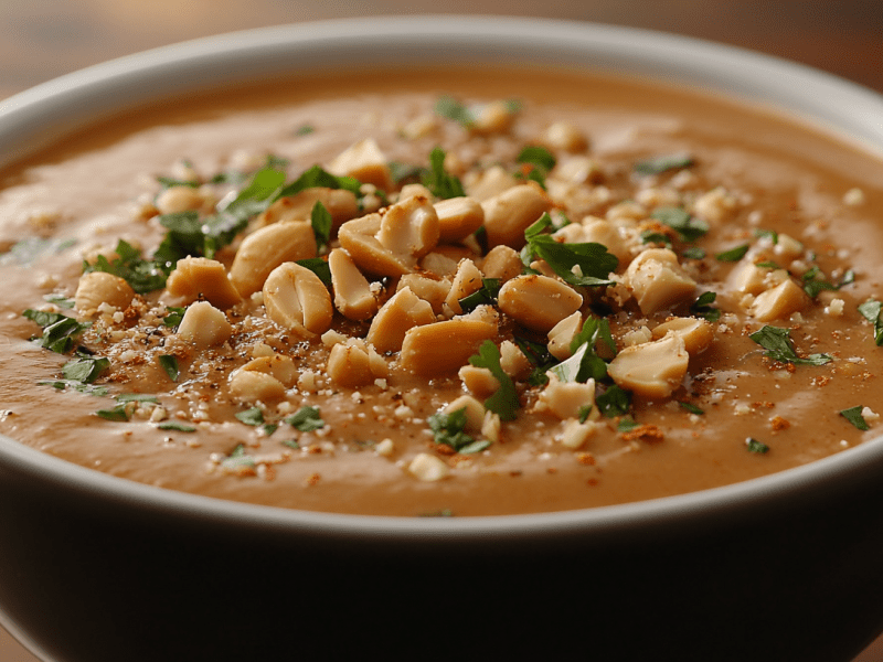 Eine SchÃ¼ssel Erdnusssuppe, bestreut mit ErdnÃ¼ssen und gehacktem Koriander.